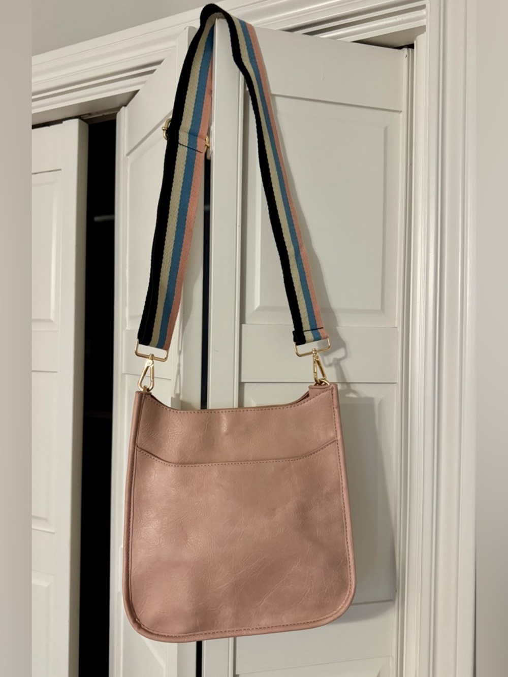 Everyday Vegan Leather Crossbody Bag in Blush Pink with Striped Strap